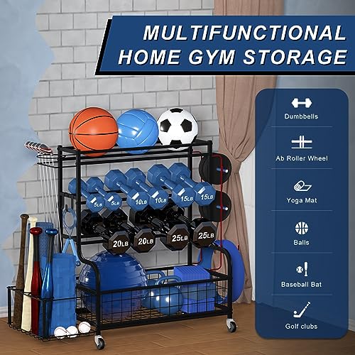 Dumbbell Rack with Weights, Yoga Mat Storage Racks, Home Gym Storage Rack for Yoga Mat Kettlebells and Strength Training Equipment, Weight Storage Holder Rack for Dumbbells with Hooks and
