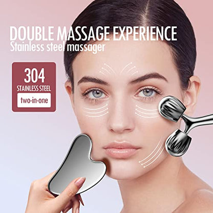 DANGSHAN Gua Sha Facial Tools & Face Roller Set, Face Massager, Lymphatic Drainage Massager, Face Sculpting Tool, Ice Roller for Face (Silver)