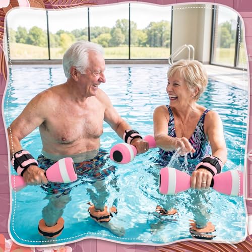 7 Pcs Aquatic Exercise Set Water Aerobics Set Including 2 Ankle/Wrist Weights for Land or Water 2 Exercise Foam Dumbbells Cuffs Large Mesh Beach Bag for Pool Weight Loss
