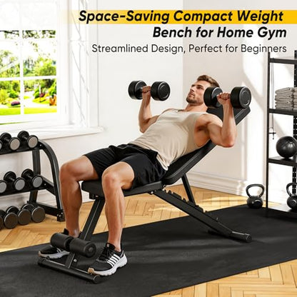 Adjustable Weight Bench for Home Gym, 600LBS Capacity Foldable Workout Bench with 7 Backrest Positions for Full Body Exercise, Compact for Small Spaces, Incline Decline Flat Bench with Quick Adjustment & Easy Folding