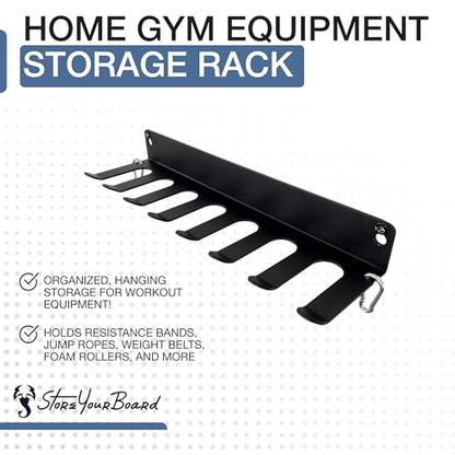 StoreYourBoard Home Gym Equipment Storage Rack, Wall Mount Hanging Organizer, Fitness Accessories Workout Bands Jump Ropes Yoga Foam Roller Belts, Solid Metal Exercise Gear Hooks