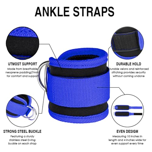 Ankle Straps Ankle Resistance Bands Wrist Cuffs Padded Straps Adjustable Fitness Glute Kickback D-Ring for Cable Machine Gym Foot Leg Training Brace Support 1 Pair - color: blue