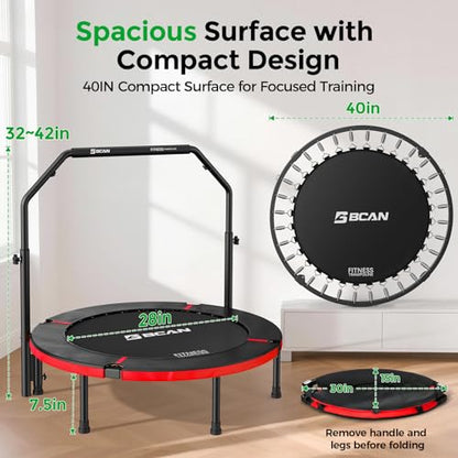 BCAN SP2 40" Foldable Mini Trampoline Max Load 330lbs, Fitness Rebounder with Adjustable Foam Handle, Exercise Trampoline for Adults Indoor/Garden Workout | FED Fitness, Black Red
