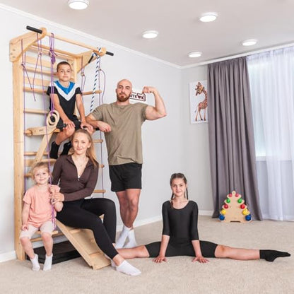 Swedish Ladder Wall Bars with Pull-Up Bar for Kids & Adults – Wooden Stall Bars Home Gym with Gymnastic Rings, Slide, Swing, Climbing Rope & Rope Ladder