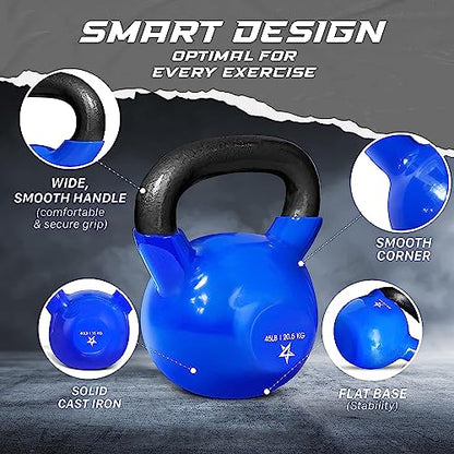 Yes4All Kettlebell, 5-100 LB Vinyl Coated Cast Iron Strength Training Kettlebells for Home Gym Exercises, Fitness, Full Body Workout Equipment, Push Ups, and Grip Strength - color: I. 45LB - Dark Blue, style: Vinyl Coated