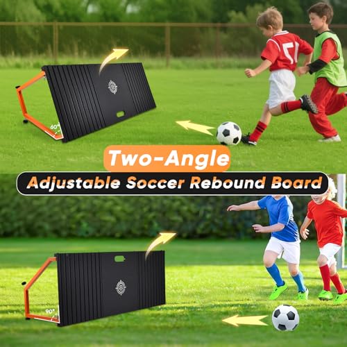 Soccer Rebounder Board, 40 X 16 Inch Portable Soccer Training Equipment, Two Rebound Angles, Equipped with Two Sandbags and Two Ground Stakes, Suitable for Soccer Passing and Shooting Drills