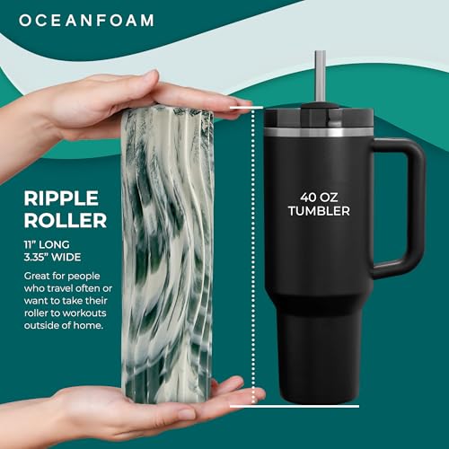 Ripple Travel Foam Roller (11" x 3.35") Firm Mini Foam Roller for Physical Therapy, Deep Tissue Massage, Back Pain - High Density, Ergonomic Wave Textured - Yoga, Exercise (Hunter Marbled) - color: Hunter Marbled