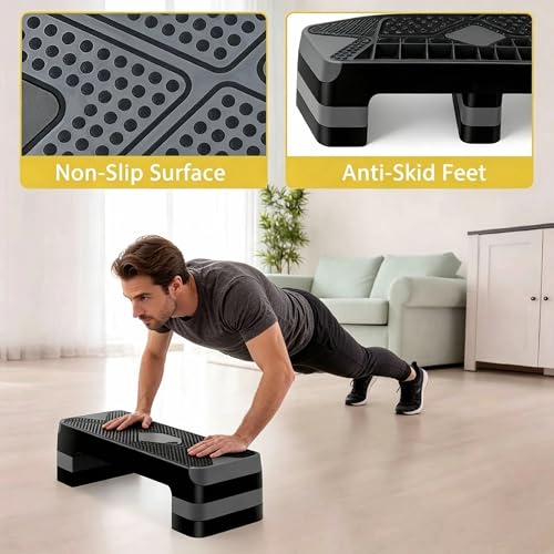 ZENY 26.5 inch Aerobic Step Platform with 4 Step Risers, Height Adjustable Exercise Stepper for Home Gym Workouts, 400 lbs Capacity - color: Grey