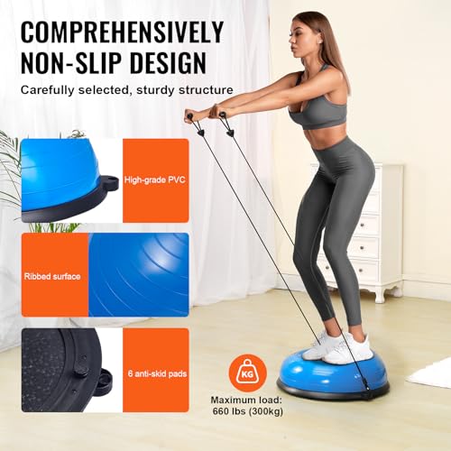 VEVOR Half Exercise Ball Trainer, 23/26 inch Balance Ball Trainer, 1500lbs Capacity Stability Ball, Yoga Ball with Resistance Bands & Foot Pump, Strength Fitness Ball for Home Gym Full Body Workout - color: 23" Ripple Blue