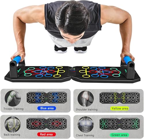 Push Up Board Fitness, BESUNTEK Foldable Multi-Function Exercise Board with Elastic Cord for Total Body Workouts, Portable Push Up Board for Floor