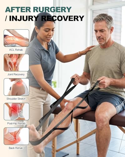 Trideer Non-Elastic Stretching Strap with Loops for Physical Therapy & Rehab, Knee Hip Leg ROM Post-Surgery, Yoga Strap for Stretching, Leg Lifter Strap Mobility Aid, Hamstring Calf Back