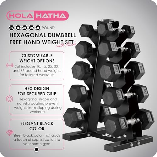 HolaHatha Hexagonal Dumbbell Free Hand Weight Set w/Rack - color: Black, style: 230lb Set