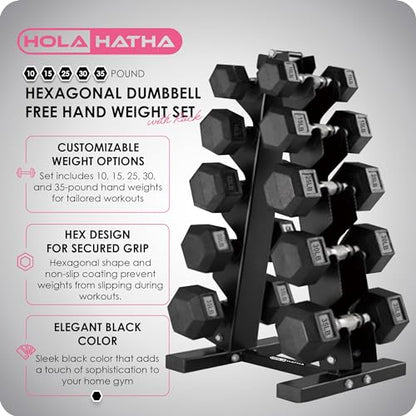 HolaHatha Hexagonal Dumbbell Free Hand Weight Set w/Rack - color: Black, style: 230lb Set