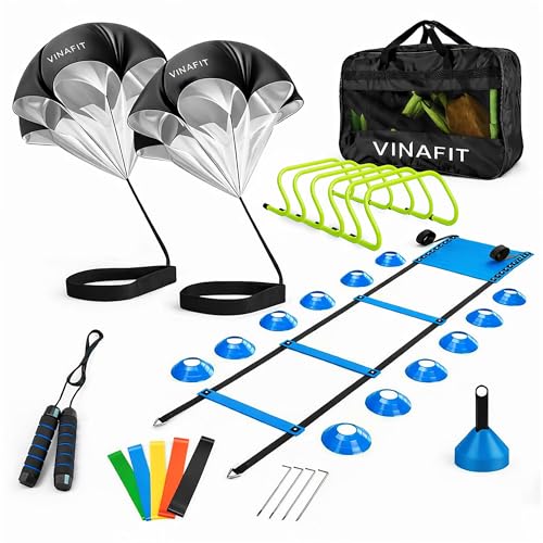 Complete Agility Ladder Training Set - 20ft Speed Ladder, 6 Adjustable Hurdles, 20 Cones, 5 Resistance Bands, 2 Speed Training Parachutes, Jump Rope, Nylon Carry Bag & Stakes