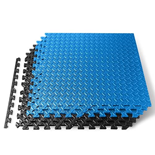 Thick Puzzle Exercise Mat Foam Interlocking Tiles Protect Floors from Gym Equipment Exercise, Durable Non-Skid Texture, Kid Baby Family Safe Easy to Assemble - color: Black & Blue, size: 24.2"L x 0.5"W x 24.2"Th