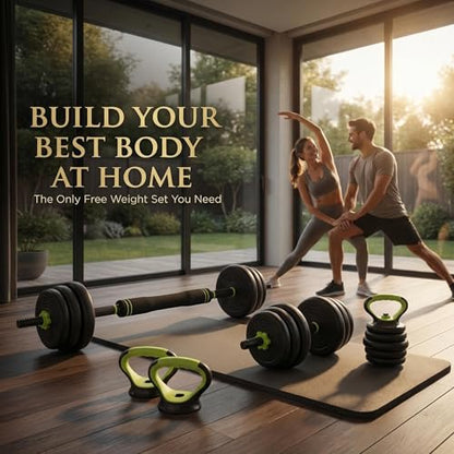 Adjustable Dumbbell Set 44LB, 4-in-1 Free Weight Set with Barbell & Kettlebell & Push-Up Handles, Compact All-in-One Home Gym for Men & Women, Anti-Slip Grip, Quiet Rubber-Coated Plates