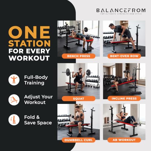 BalanceFrom Adjustable Folding Multifunctional Workout Station Adjustable Olympic Workout Bench with Squat Rack - color: Black/Red