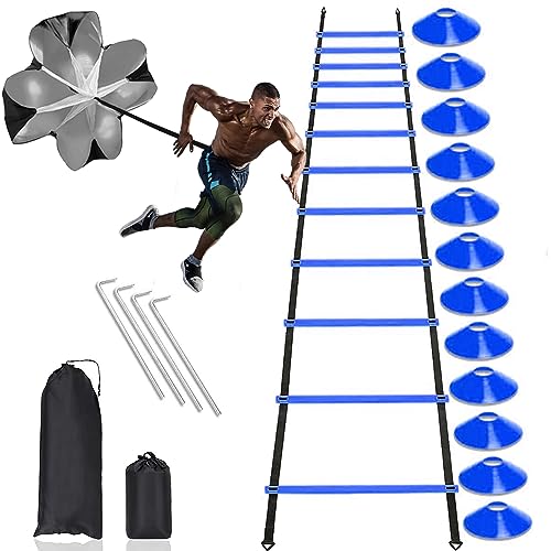 Football Training Equipment | Speed Agility Training Set, Including 1 Agility Ladder, 4 Steel Piles,12 Disc Cones,1 Resistance Umbrella .| for Athletes/Sports Including Football & Basketball