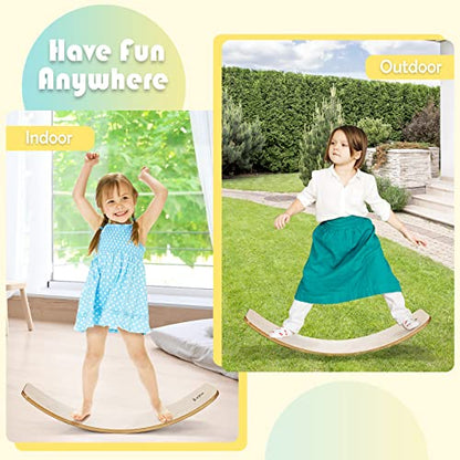 Goplus Wobble Board, 35Inch Wooden Balance Board for Kids & Adults Support 660LBS, Toddler Open-ended Learning Toy Yoga Curvy Rocker Board for Balance Training, Home Exercise (12 INCH Width)