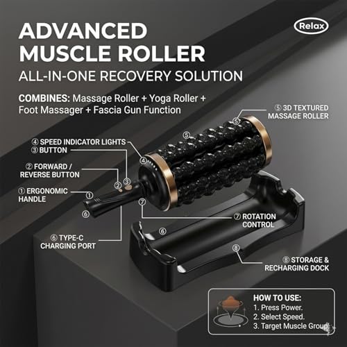 Electric Rolling Percussive Massager, Hands-Free Base, 5-Speed Adjustable Intensity, Rechargeable Fascia Roller for Back, Legs, Feet, Deep Tissue Muscle Recovery (Rose Gold)