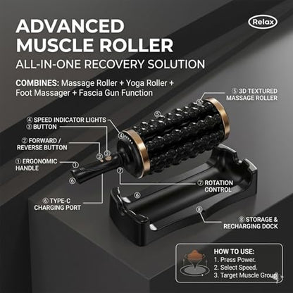 Electric Rolling Percussive Massager, Hands-Free Base, 5-Speed Adjustable Intensity, Rechargeable Fascia Roller for Back, Legs, Feet, Deep Tissue Muscle Recovery (Rose Gold)