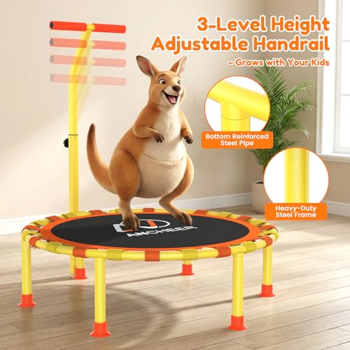 ANCHEER 38'' Kids Trampoline with Adjustable Handle, Indoor Outdoor Safe Rebounder, Heavy-Duty Recreational Trampoline with Safety Bar for Toddlers & Kids Home Play, 150lbs Weights Capacity