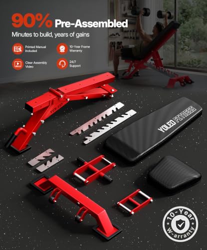 YOLEO Commercial Adjustable Weight Bench 2315LB ASTM Certified – 80% Pre-Assembled Heavy Duty Workout Bench for Home Gym, Decline/Flat/Incline Bench Press, 2.4" Thick Pad & 2 Wheels - color: Red