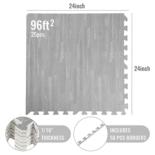 Wood Grain Floor Foam Mats with Border, Wood Printed Interlocking Foam Tiles Anti Fatigue Flooring Mat(24 x 24 Inch, Gray)