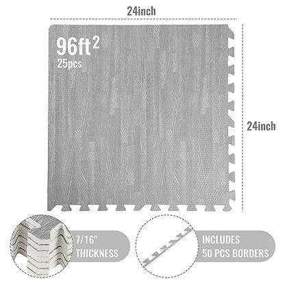 Wood Grain Floor Foam Mats with Border, Wood Printed Interlocking Foam Tiles Anti Fatigue Flooring Mat(24 x 24 Inch, Gray)