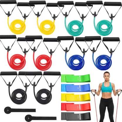 22 Pcs Resistance Bands Set with Handles 10 Exercise Resistance Tubes 10 Flat Straps 2 Door Anchors Latex Home Workout Bands for Full Body Strength Training Men Women
