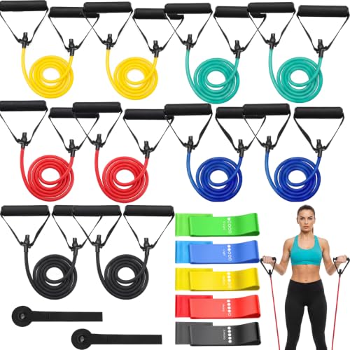 22 Pcs Resistance Bands Set with Handles 10 Exercise Resistance Tubes 10 Flat Straps 2 Door Anchors Latex Home Workout Bands for Full Body Strength Training Men Women