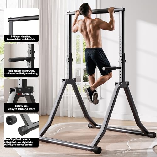 Foldable Power Tower Dip Station for Pull Ups, 58.3"-76.8" 12 Level 700 LBS, Adjustable Dip Handles & Assistance Bands Foldable Home Gym Equipment - color: 58.3"-76.8" with Dual Dip Handles