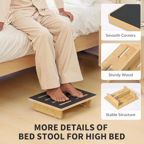 Step Stool for Adults, 3.5" Bed Step for High Beds, Non-Slip Stepping Stool with Load Capacity of 440 lbs, Wooden Step Stool for Seniors, Kids, Bedside, Shower, Kitchen Use, Beech Wood/Black