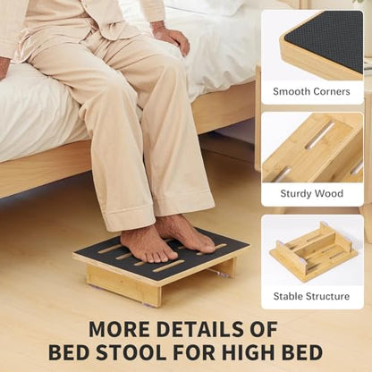 Step Stool for Adults, 3.5" Bed Step for High Beds, Non-Slip Stepping Stool with Load Capacity of 440 lbs, Wooden Step Stool for Seniors, Kids, Bedside, Shower, Kitchen Use, Beech Wood/Black
