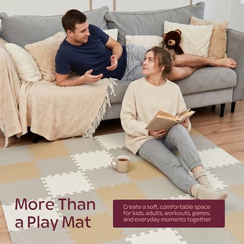 Foam Play Mat for Floor - 36 Interlocking Tiles 71x71 in, 0.6" Thick Puzzle Mat for Baby, Toddler & Home Gym, Cross-Texture EVA Foam, Edge Borders Included, White Tan Gray