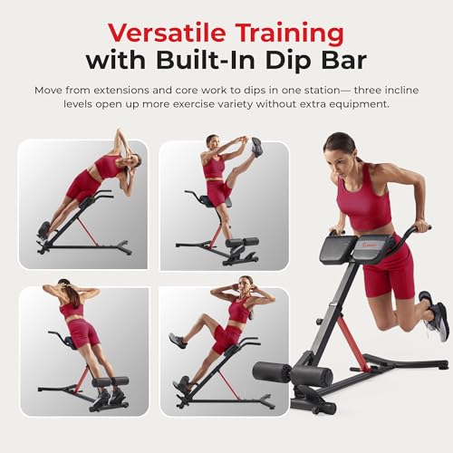 Sunny Health & Fitness Multi-Function Roman Chair with Dip Station & Sit-Up Bench, Adjustable Heavy-Duty Strength Training Equipment for Glutes, Core & Lower Body Workouts, Hyperextension Machine for Home Gym