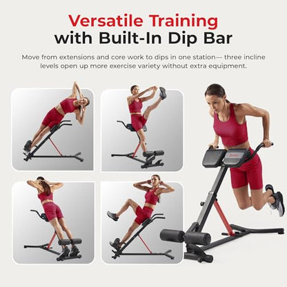 Sunny Health & Fitness Multi-Function Roman Chair with Dip Station & Sit-Up Bench, Adjustable Heavy-Duty Strength Training Equipment for Glutes, Core & Lower Body Workouts, Hyperextension Machine for Home Gym