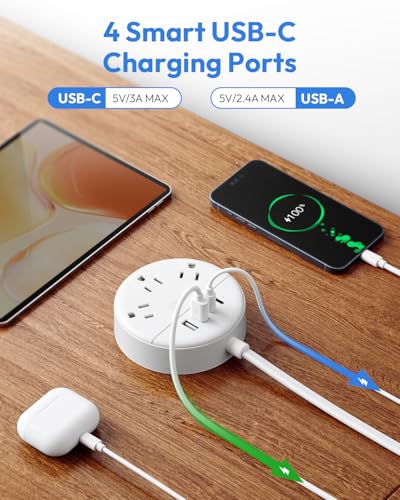 2 Prong Power Strip, NTONPOWER 10 FT Extension Cord, 2 Prong to 3 Prong Outlet Adapter, 180°Non-Polarized, 3 Outlets 4 USB (2 USB C), Wall Mount for Old House Non-Grounded Outlets,White - size: 10 ft