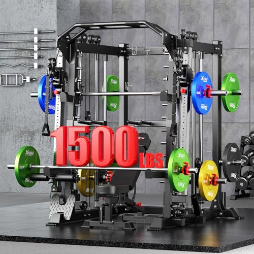 Smith Machine，Multi-Function Squat Rack Power Cage with Cable Crossover System,with Optional Weight Bench, Olympic Barbell Weight Set, for Home Gym
