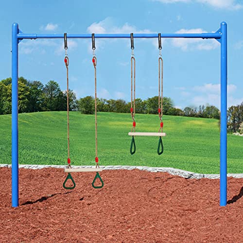 Trapeze Swing Bar with Rings, Wooden Trapeze Swing Bar with Plastic Gym Rings Adjustable Rope, Locking Straps, Outdoor Swing Set Playground Accessories for Kids (Green)
