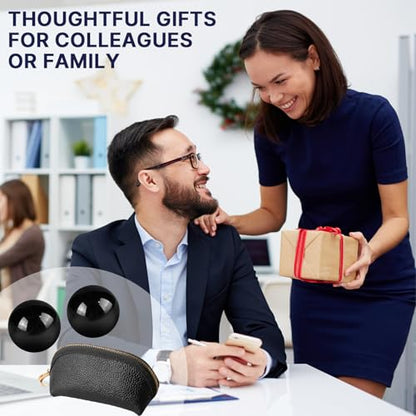 Hand Exercise Balls Set of 2, Chinese Stress Relief Baoding Balls with Leather Pouch - color: Black