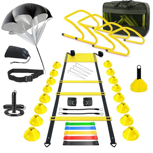 Agility Training Equipment, Football Training Equipment Includes 20FT Agility Ladder,4 Adjustable Agility Hurdles, 12 Football Cones, Parachute, for Training Soccer Basketball Athletes - color: YELLOW