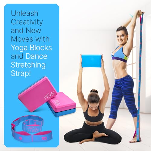 Yoga Blocks 2 Pack with Strap & Guide – Non-Slip EVA Foam Pilates Blocks for Home Workouts, Dance, Ballet, Gymnastics & Stretching Exercise | Ideal Dancer Gifts - color: Pink/Blue - Stretch Band Blue