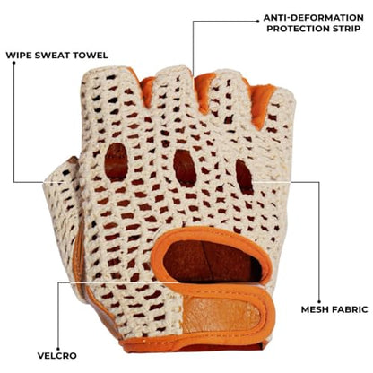 Real Soft Leather Crochet Net Fingerless Driving Weight Training Cycling Wheelchair Gloves W-1037 - color: Tan/White, size: Small