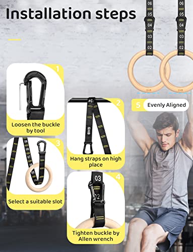 GHB Gymnastic Rings Wooden Gym Rings 1.25" 2 Pack Buckle and Carabiner Numbered Straps