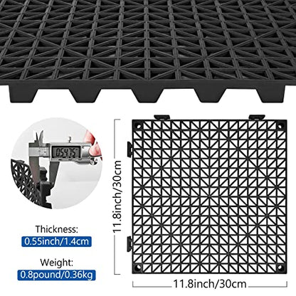 Modular Interlocking Cushion 12P 11.8" x 11.8" Interlocking Rubber Floor Drain Holes Non-Slip Splicing Drainage Mats for Deck, Shower, Kitchen, Drain Pool, Sauna Bath, Indoor Outdoor (Black)