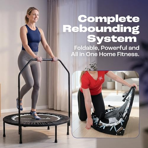Maximus PRO Folding Rebounder Fitness Trampoline | Voted #1 Indoor Mini Exercise Trampoline for Adults with Bar | Best Home Gym for Fitness & Lose Weight | Free Storage Bag, Resistance Bands, Awesome