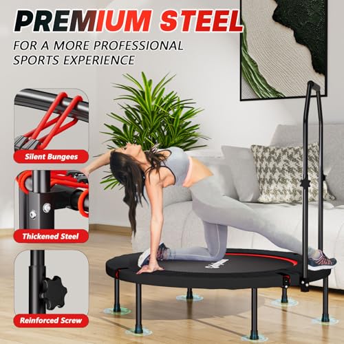 SkyBound Foldable Mini Trampoline - Fitness Rebounder with Quiet Bungees, U-Shape Adjustable Foam Handle, Stable Indoor Exercise Trampoline for Adults