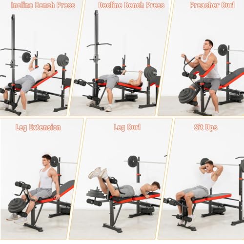 1500LB 8 IN 1 Olympic Weight Bench with Lat Pulldown and Leg Extension/Curl, Foldable Bench Press with Preacher Curl & Squat Rack, Workout Benches with Safety Bar Catches for Home Gym(US Stock)