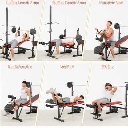 1500LB 8 IN 1 Olympic Weight Bench with Lat Pulldown and Leg Extension/Curl, Foldable Bench Press with Preacher Curl & Squat Rack, Workout Benches with Safety Bar Catches for Home Gym(US Stock)